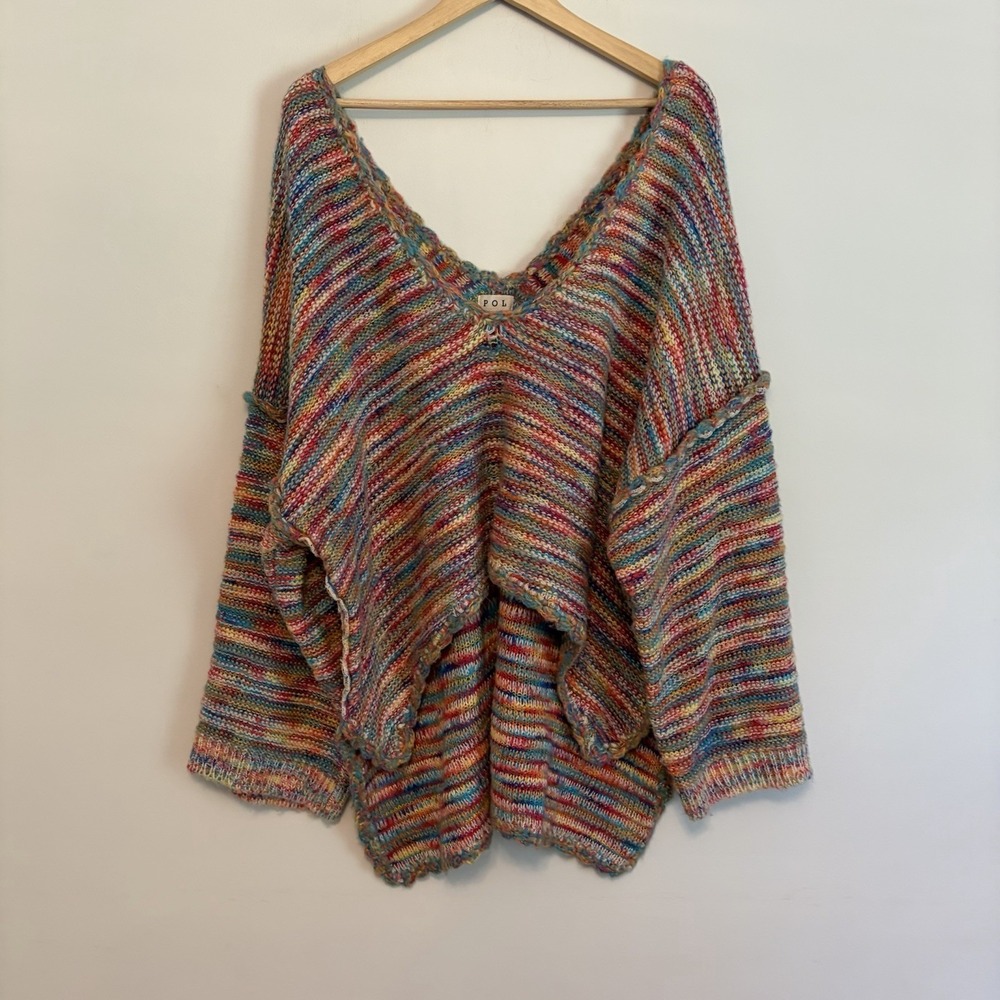 POL M Striped Knit Sweater Colorful Cropped Oversized Boho Festival Travel